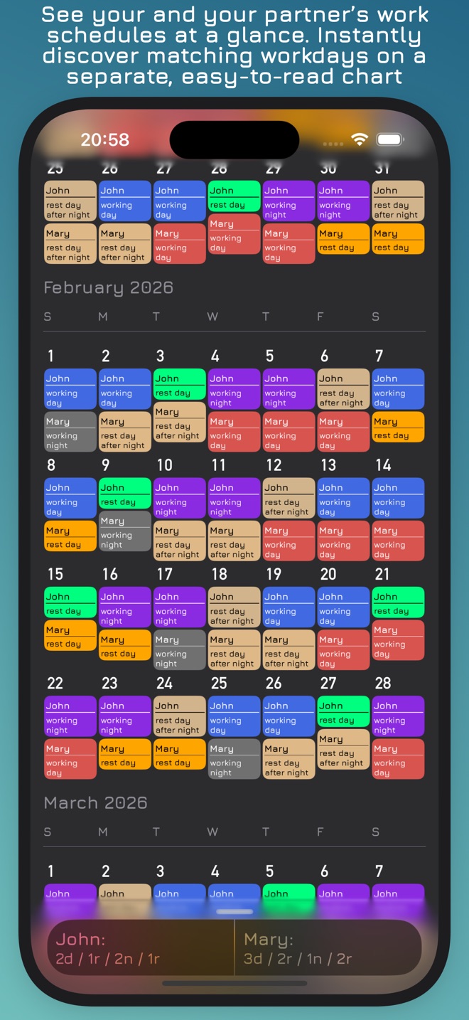 Combined calendar with both partners' shifts for each day