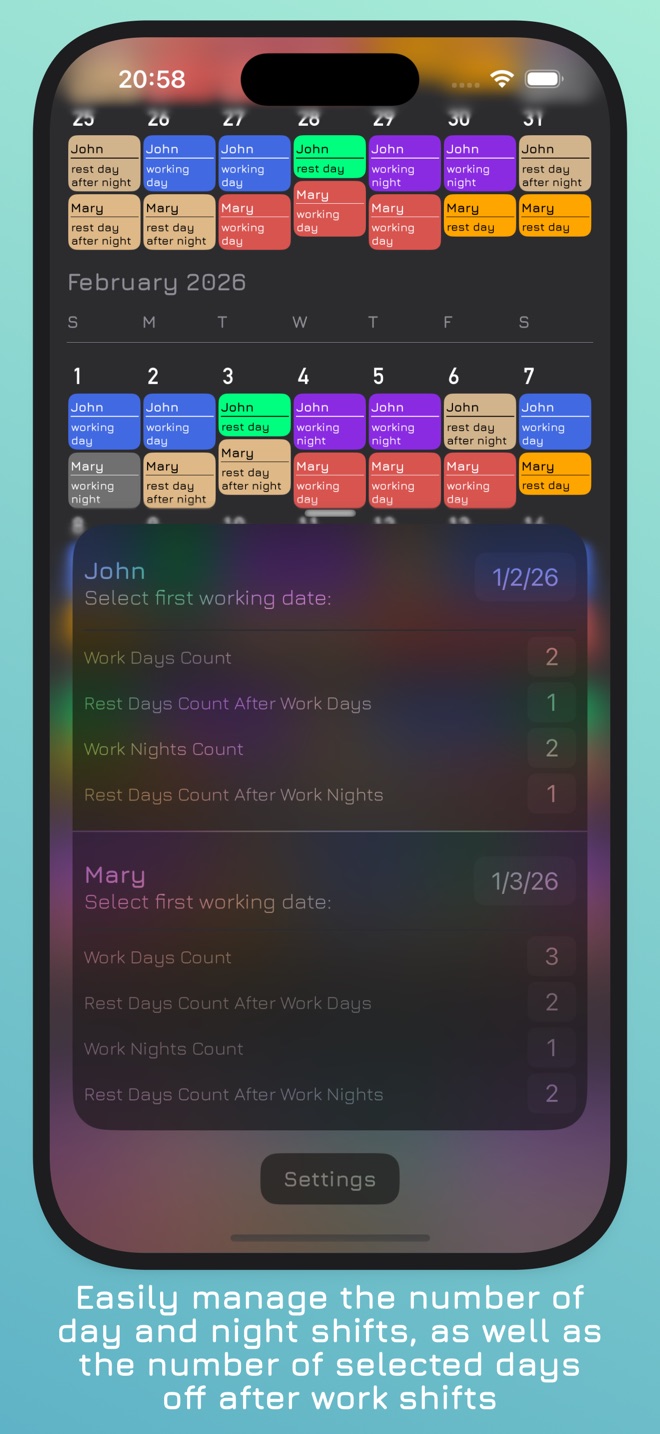 Shift pattern settings for each partner: work days, rest days, and night shifts