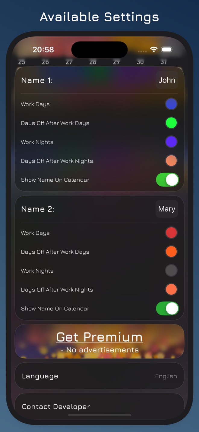 Settings with names and colors for each partner